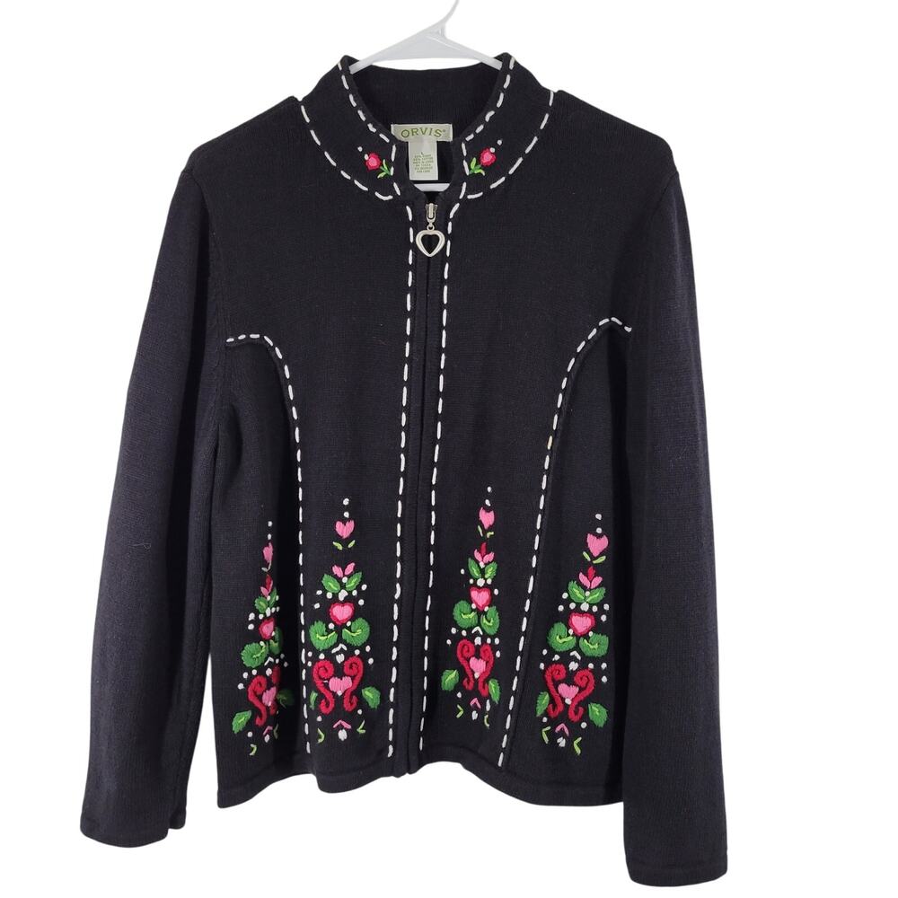 Orvis Floral Embroidered Cardigan Sweater Womens Large Black Zip up